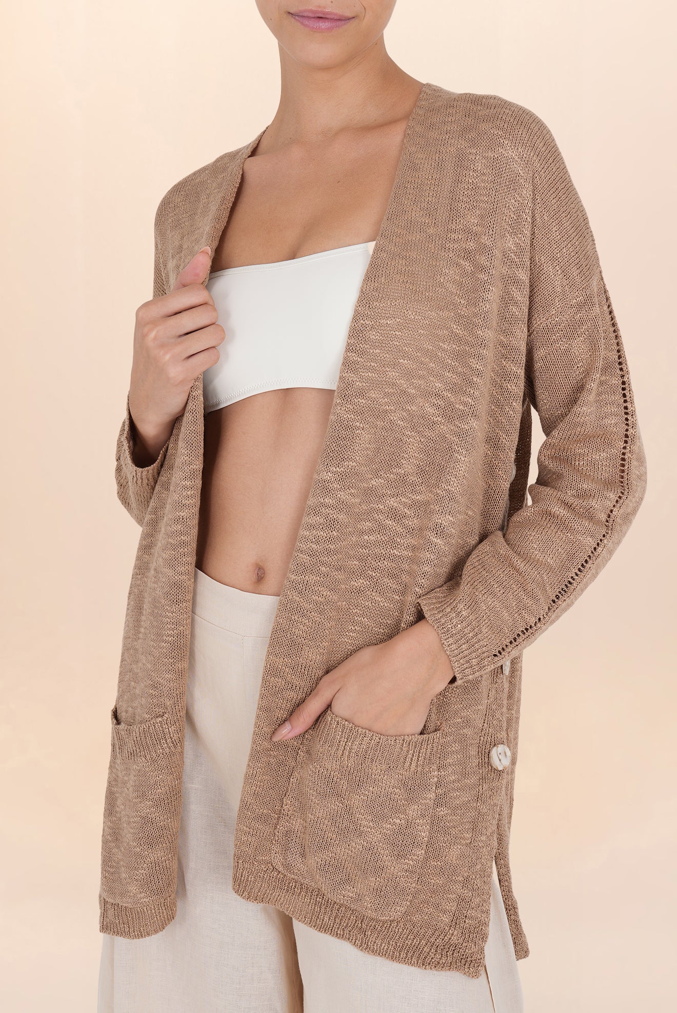 CARDIGAN WITH TAUPE PEARL POCKETS