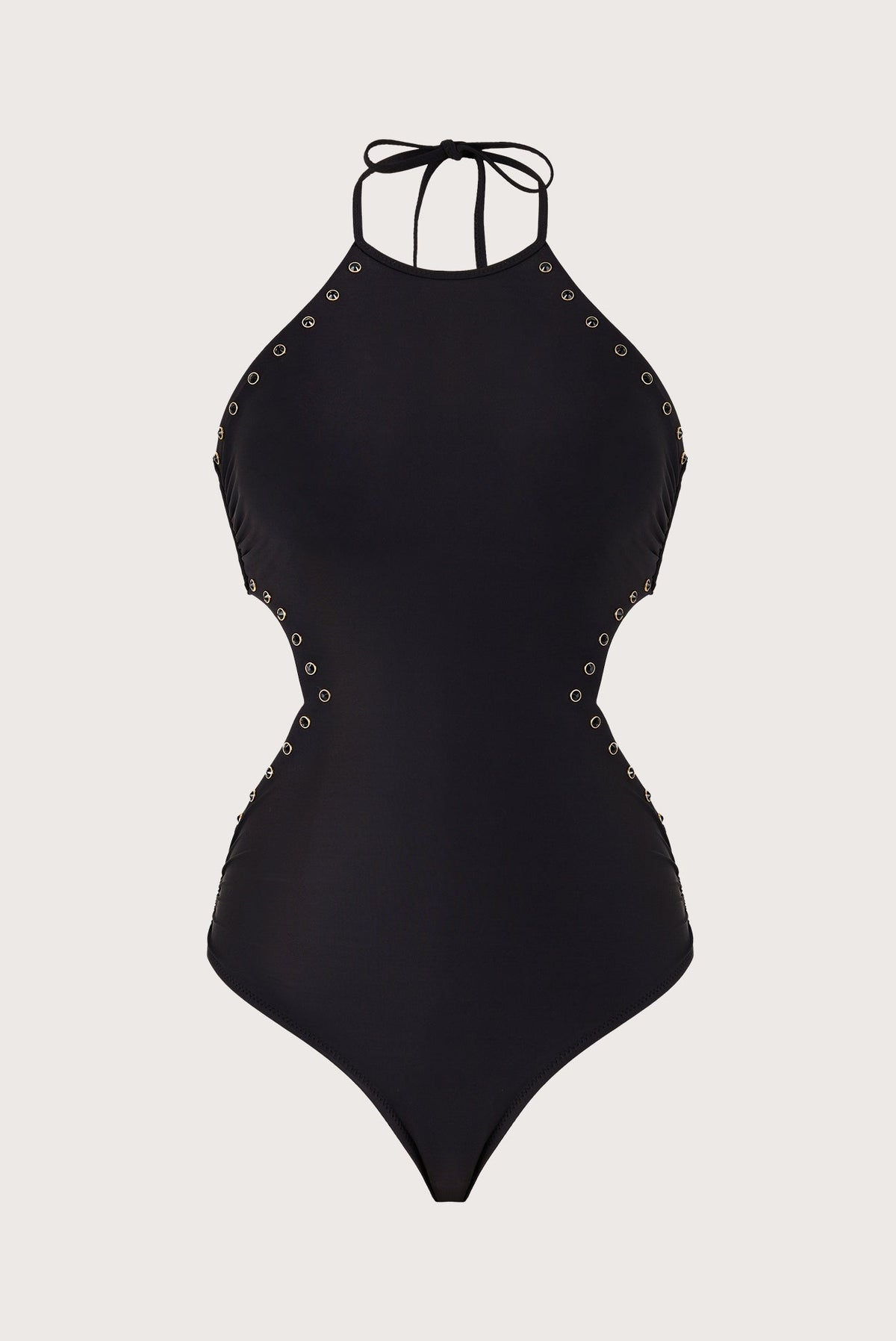 Traje de baño completo negro de cuello halter con amarre y ojillos dorados en los recortes laterales